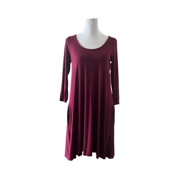 Elegant Burgundy A-Line Swing Dress 3/4” sleeve women’s size S pull on - Picture 3 of 5
